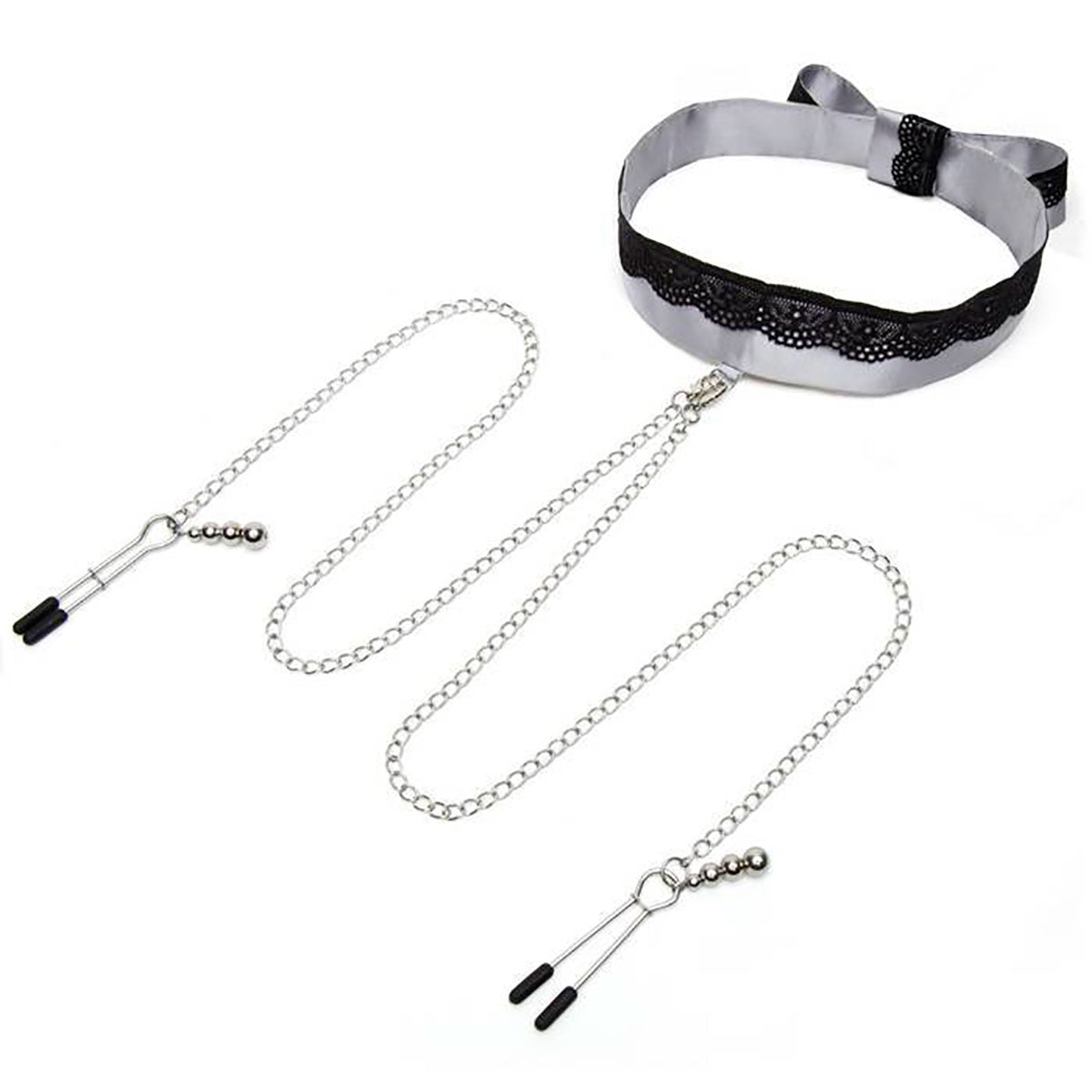 Cincuenta sombras: Collar de satén y pinzas para pezones Play Nice