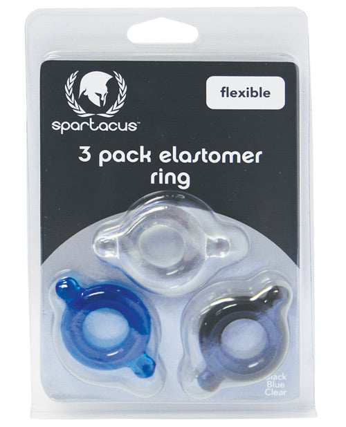 Juego de anillos para pene Spartacus Elastomer - Paquete de 3 unidades en negro, azul y transparente