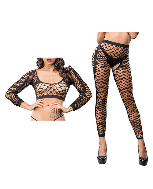Beverly Hills Naughty Girl Legging entrejambe ouvert avec maille sur le devant et motifs sur les côtés Noir Taille unique