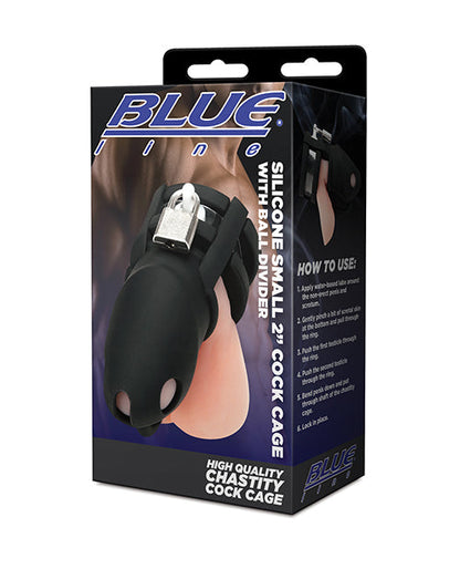 Jaula para pene y separador de testículos de silicona de 2 pulgadas (5 cm) Blue Line, negra