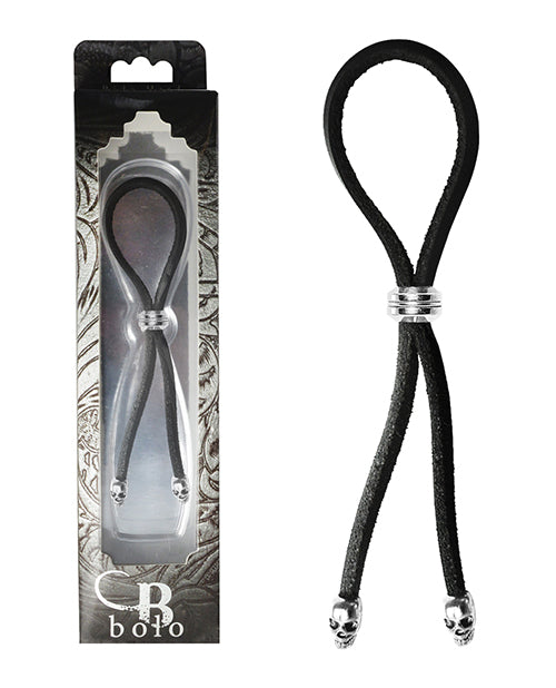 Bolo anneau pénien en cuir avec perle coulissante et embouts tête de mort - Noir/Argent