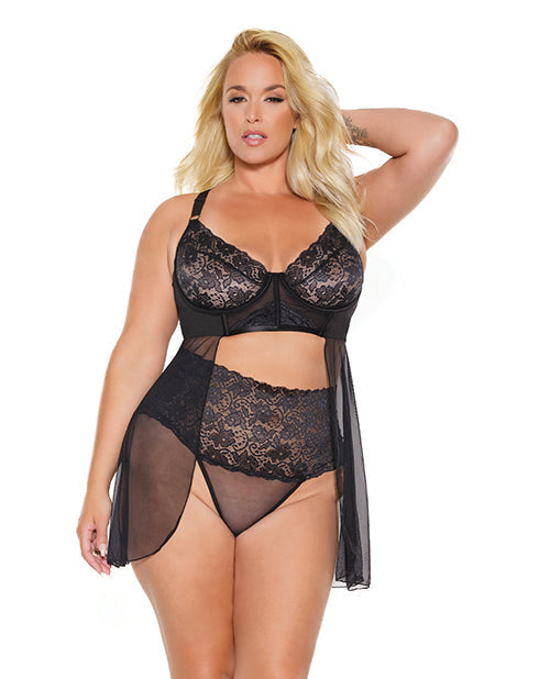 Nuisette et string taille haute en dentelle extensible festonnée et maille transparente Noir 3X/4X