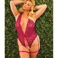 Teddy en dentelle extensible festonnée et entrejambe ouvert avec laçage frontal framboise TP/TG