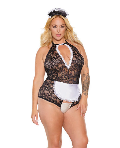 Teddy de soubrette sans entrejambe en dentelle extensible à festons avec coiffe noir/blanc TU/TG