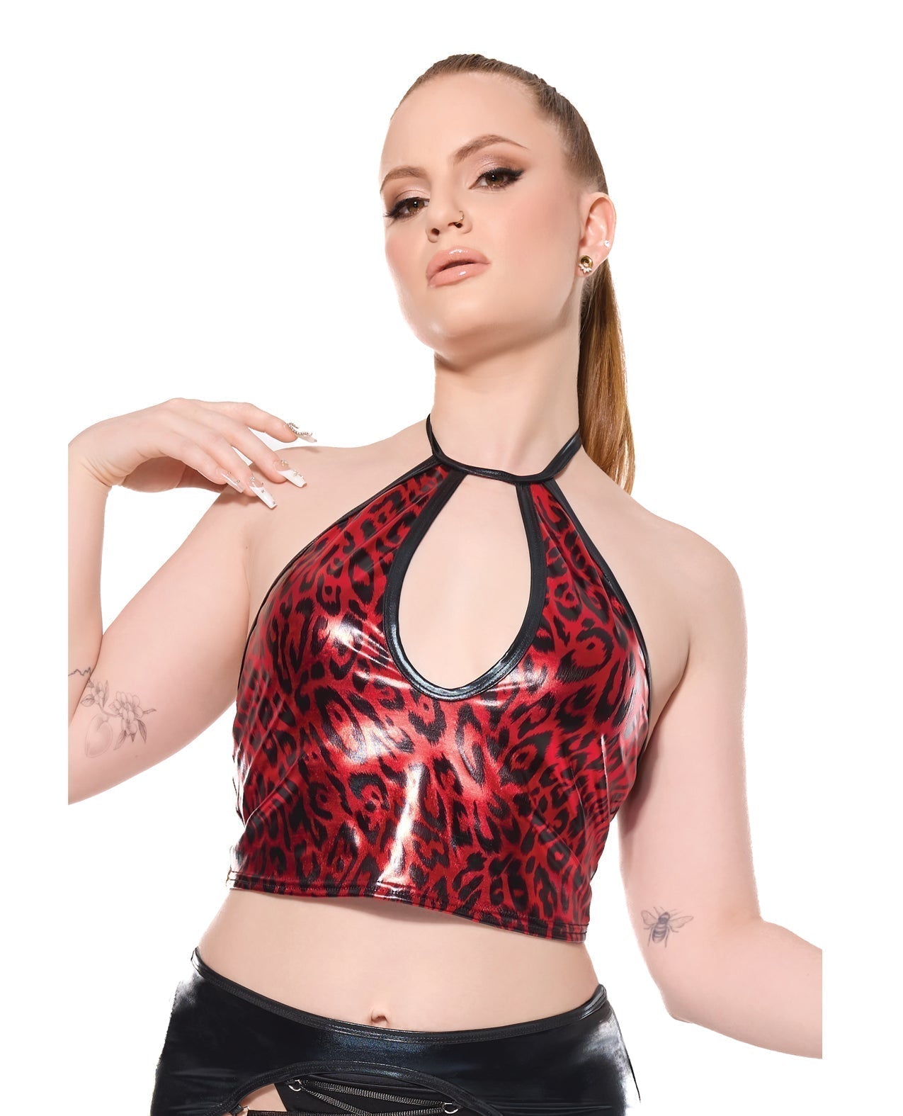 Top halter Darque Metallic Wet Look con abertura - Rojo/Negro XL