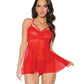 Babydoll y tanga de encaje elástico festoneado y malla Holiday rojos/dorados XL