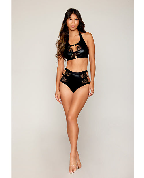 Soutien-gorge en Faux Cuir Extensible et Dentelle Cils avec Culotte Taille Haute - Noir XL