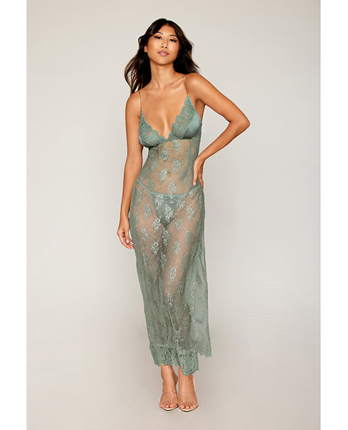 Longue chemise et string en satin et dentelle - vert sauge, grande taille