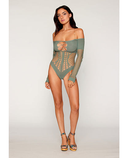 Body sans coutures opaque et résille à manches longues avec chaîne tour de cou amovible - Vert sauge Taille unique