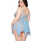 Ensemble babydoll 2 pièces en dentelle brodée florale et résille extensible avec string – Bleu Arctique 1X