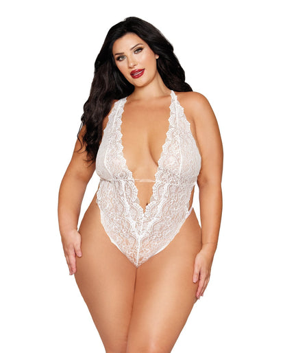 Nuisette en dentelle stretch avec harnais en perles amovible - Blanc QN