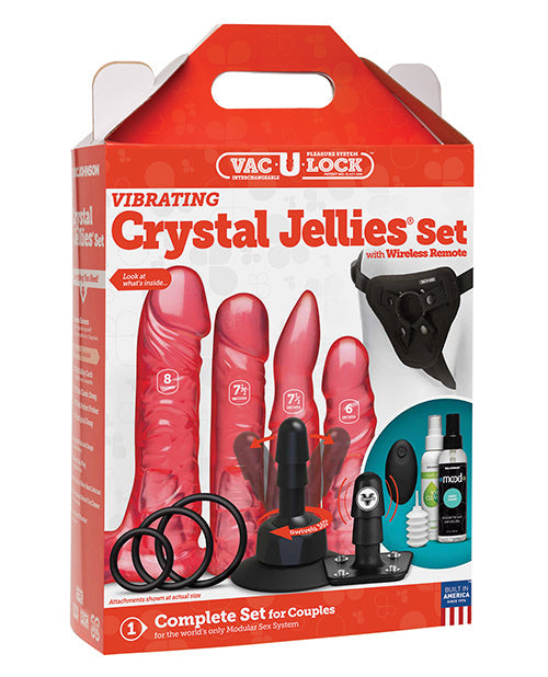 Dildo vibrador Vac-U-Lock | Set de dildos Crystal Jellies con arnés | Dildo rosa con control remoto inalámbrico