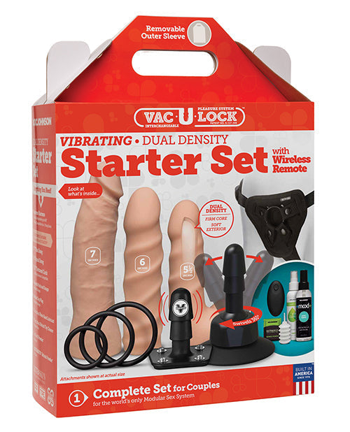Dildo realista Vac-U-Lock | Kit de inicio de dildo con arnés de densidad dual de vainilla | Control remoto inalámbrico