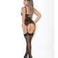 Bustier résille découpé au laser avec choker et string, motif flammes, Femme Fatale Noir LG