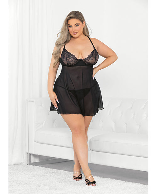 Nuisette en dentelle brodée en relief noire 1X