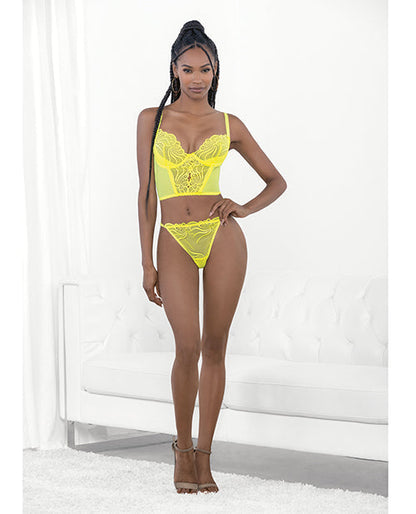 Top corsé de encaje neón con aro decorativo y braguita, lima neón, talla L