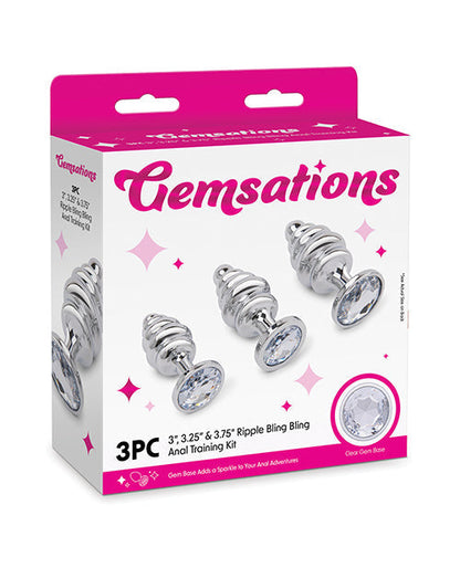 Gemsations Juego de entrenamiento de 3 piezas de tapones anales de metal ondulados con purpurina, 7,5 cm, 8,3 cm y 9,4 cm - Plata