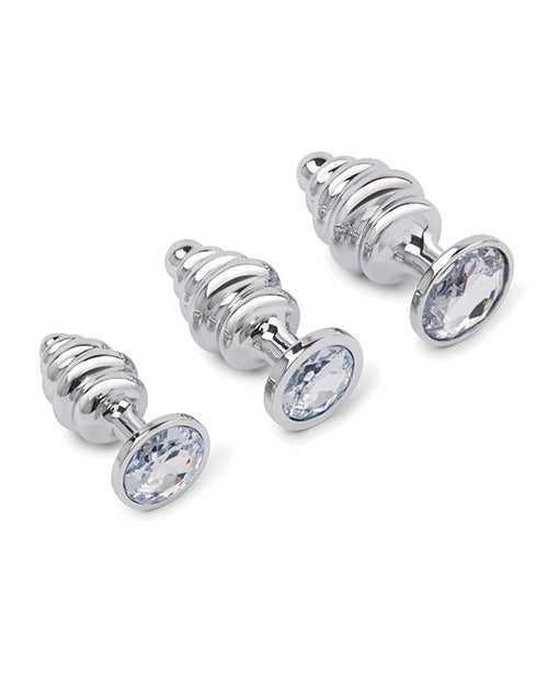 Gemsations Juego de entrenamiento de 3 piezas de tapones anales de metal ondulados con purpurina, 7,5 cm, 8,3 cm y 9,4 cm - Plata