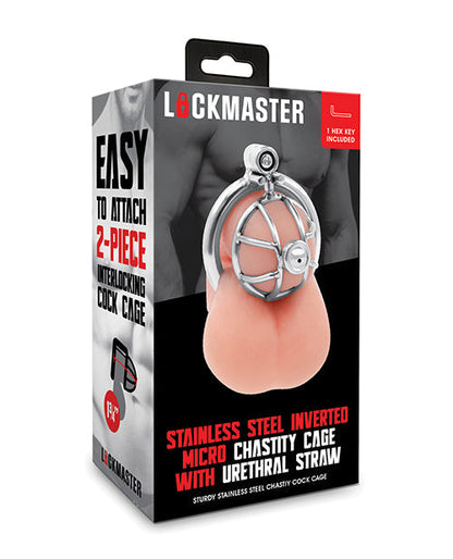 Jaula de castidad invertida micro de acero inoxidable Lockmaster con pajita uretral - Plateada