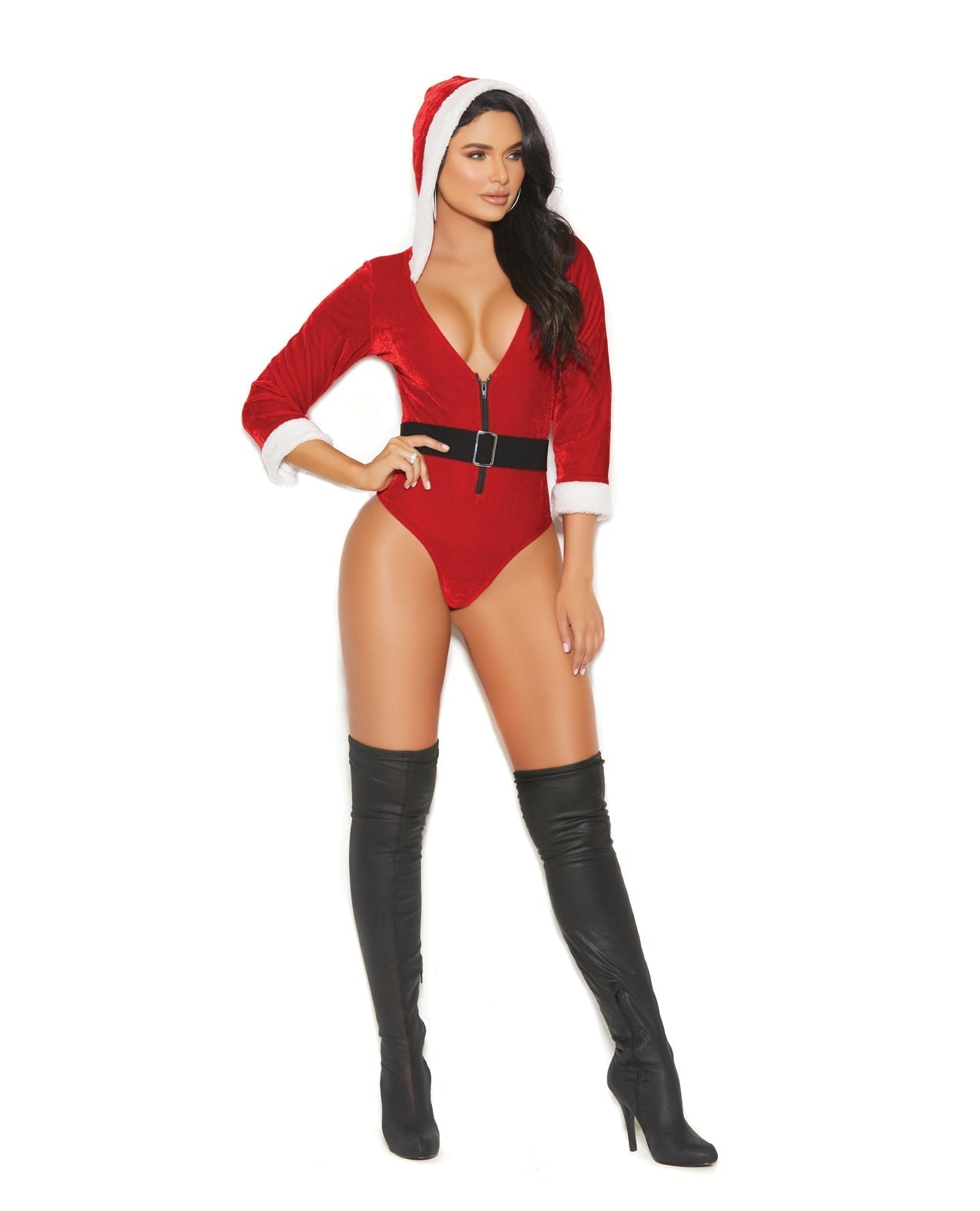 Teddy de terciopelo con escote pronunciado en V "Santa's Tease" con cinturón elástico desmontable - Rojo/Blanco MD