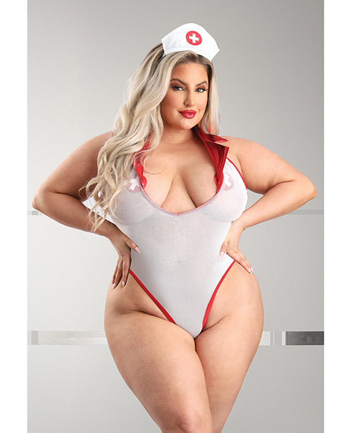 Juego Pulse Check de osito de peluche con cuello, espalda abierta, falda plisada, gorro de médico y cubrepezones, rojo/blanco 1X/2X