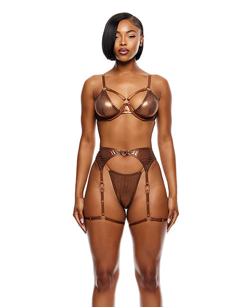 Soutien-gorge à armatures en maille métallique effet métal liquide avec porte-jarretelles et string 3 pièces - Cuivre métallisé MD