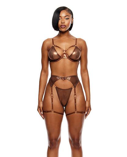 Soutien-gorge à armatures en maille métallique effet métal liquide avec porte-jarretelles et string 3 pièces - Cuivre métallisé MD