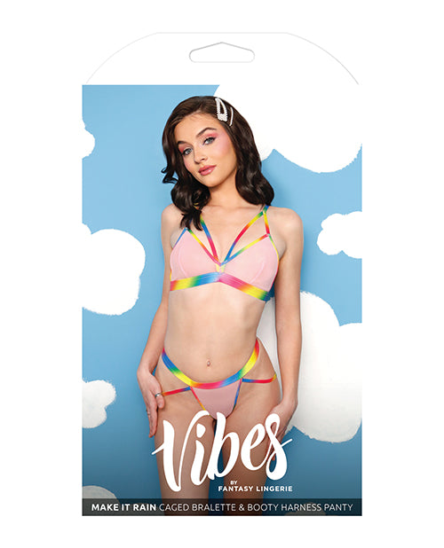 Ensemble de lingerie Vibes Make it Rain avec brassière en cage et culotte Booty Rainbow M/L