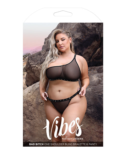 Brassière et culotte noires asymétriques à strass « Bad Bitch »