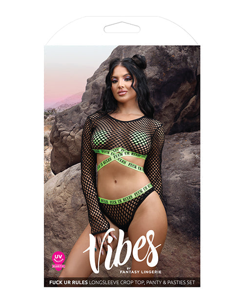 Haut court manches longues, culotte et cache-tétons Vibes Fuck Ur Rules Noir/Vert T L/XL