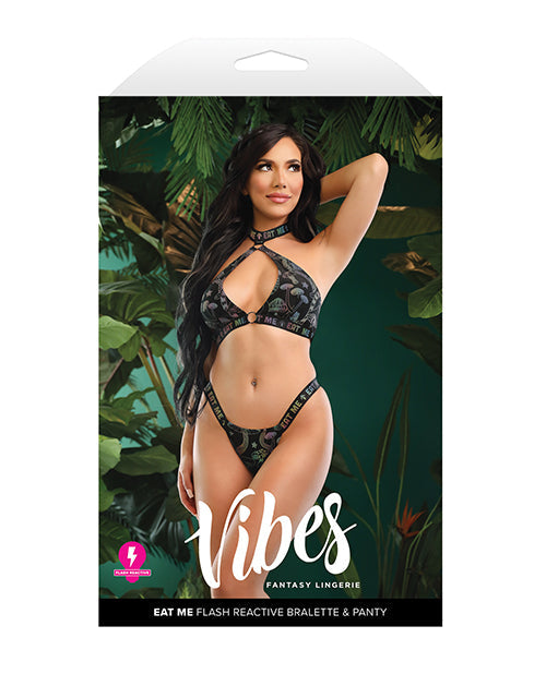 Haut de bikini/crop top à imprimé champignon réactif à la lumière avec string Vibes Eat Me - Noir L/XL