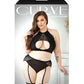Top halter con obertura Sadie Curve con superposición de encaje y bragas con liguero, negro 1X/2X