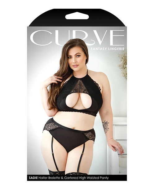 Top halter con obertura Sadie Curve con superposición de encaje y bragas con liguero, negro 1X/2X