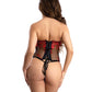 Corsé de malla con bordado floral y tanga - Rojo/Negro Grande