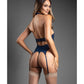 Bustier de malla transparente Domina con ligueros, gargantilla desmontable y tanga de 2 piezas - Azul marino G/XL