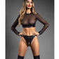 Conjunto de 2 piezas de malla transparente y cuero vegano Domina con tanga sin entrepierna y cierres dorados de sujeción - Negro S/M