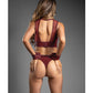 Conjunto Domina de 3 piezas de malla transparente y piel vegana con braga sin entrepierna y esposas - Borgoña G/XL