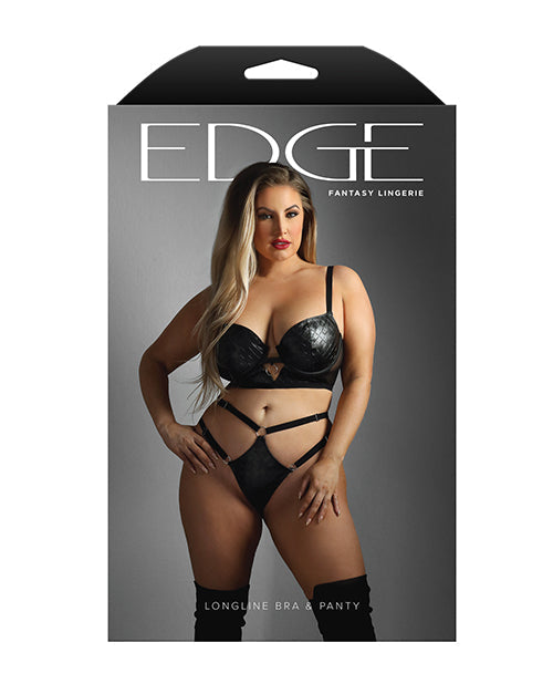 Soutien-gorge long à armatures avec string, en similicuir matelassé et résille - Noir QN