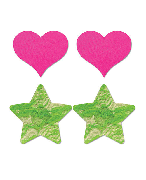 Cubrepezones con diseño de corazón de neón y estrella de encaje, reactivos a la luz UV - Pack de 2 unidades, talla única, rosa y verde