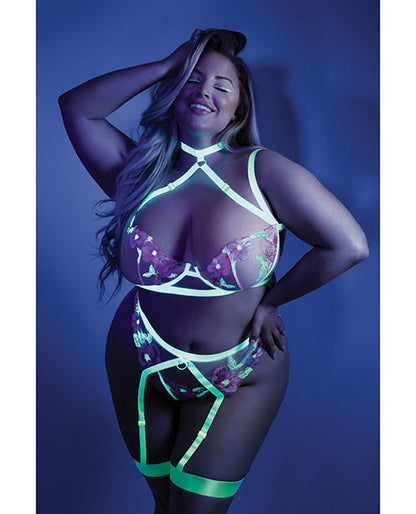 Soutien-gorge harnais brodé Glow Black Light, porte-jarretelles et string Chartreuse fluo QN