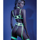 Glow Black Light Embroidered Harness Bra, Leg Garterbelt & G-String Neon Chartreuse S/M