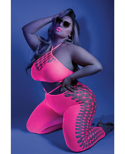 Bodystocking à licou court et découpé Glow Black Light Rose néon QN
