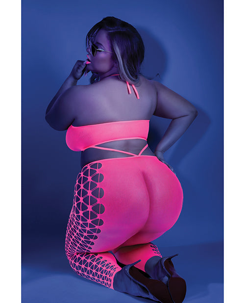 Bodystocking à licou court et découpé Glow Black Light Rose néon QN
