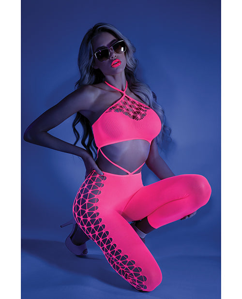 Bodystocking néon rose fluo découpé court, dos nu, taille unique