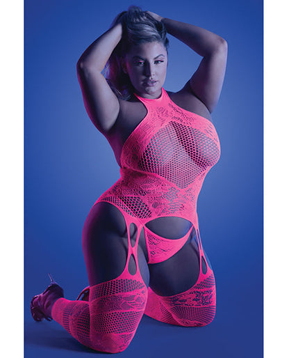 Glow cautivador bodystocking halter y tanga rosa neón T/U