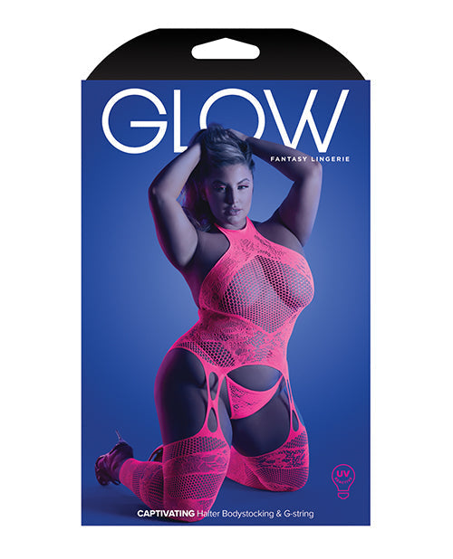 Glow cautivador bodystocking halter y tanga rosa neón T/U
