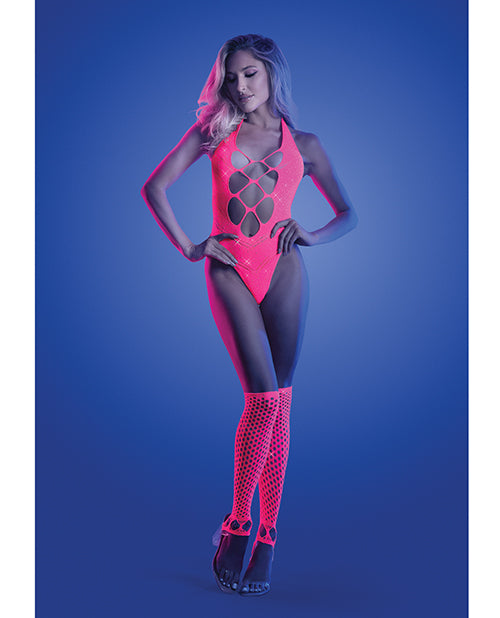 Teddy de pedrería reactivo a la luz negra Glow Flashback con guantes (o calientapiernas) - Rosa neón T/U