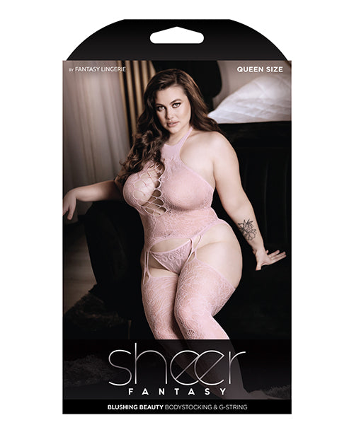 Body enterizo de encaje floral con liguero, cuello alto y tanga Sheer Fantasy, rosa claro QN