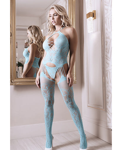 Bodystocking et culotte porte-jarretelles en dentelle florale tour de cou Sheer Fantasy bleu clair T/U
