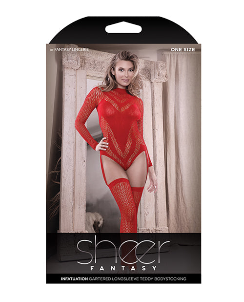 Body bustier à manches longues Sheer Infatuation avec bas sans pieds attachés Rouge TU